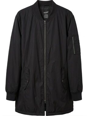 Men’s Black Longline Bomber Jacket Full Zip Utility Pocket - XL